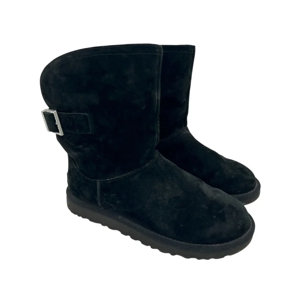 UGG Buckle Boots Women's Size 9‎ Black Leather Suede Shearling Mid Calf